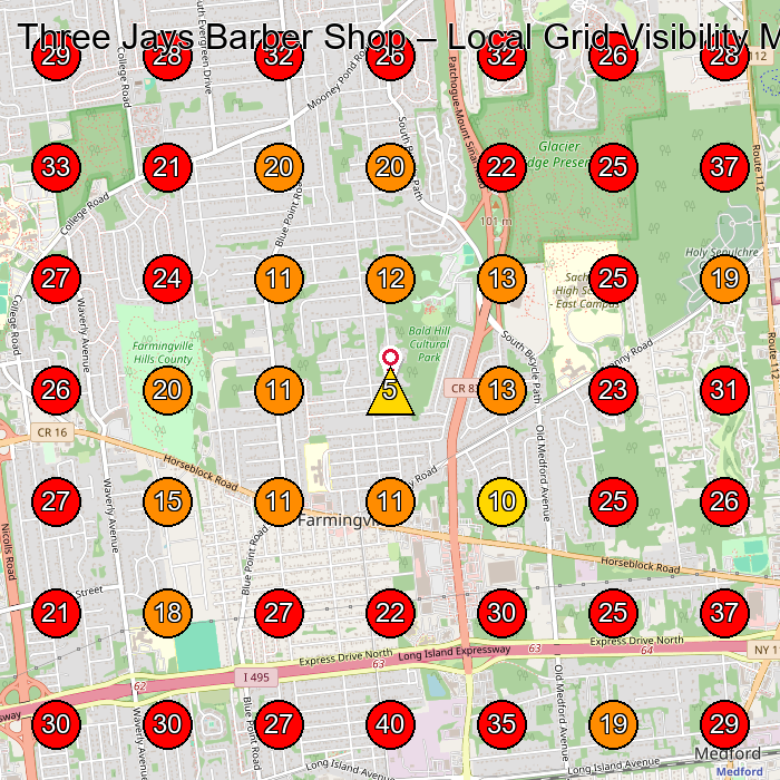 Three Jays Barber Shop GeoGrid visibility map for Barber Shop in Centereach